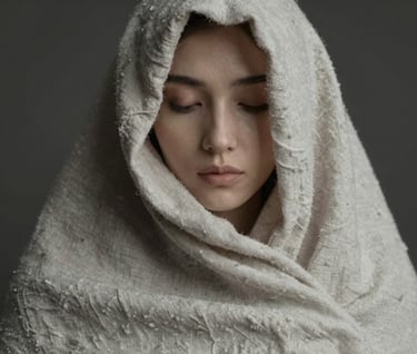 A vertical shot of a person wrapped in a light linen cloth, only parts of the face visible in the shadows, artistic fine art portraiture, mood of mystery and elegance, palette includes #1F1E1C and #8F8C8A.