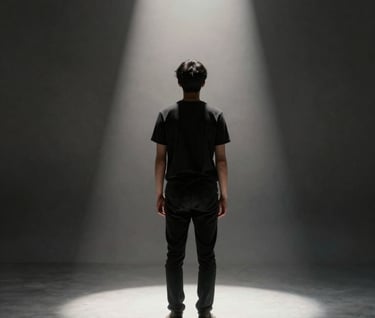 A wide fine art composition showing a person standing in a beam of light within a dark, textured room. Contrast between #F5F2EF light and #1F1E1C darkness creates a dramatic storytelling effect.