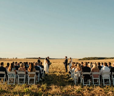 A wide cinematic shot of an outdoor North American / US wedding ceremony. Rows of guests are seated in a field, with a light blue sky and warm golden hour lighting casting long shadows.