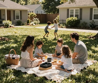 A wide-angle candid shot of a family picnic in a North American / US suburban garden. The composition is cinematic, featuring soft white blankets, charcoal baskets, and children playing in the sun-drenched background.