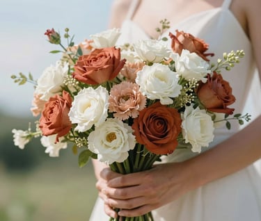 Close-up detail of a bride's hands holding a bouquet with terracotta and soft white flowers, shot in a North American / US garden. The lighting is bright and airy with a light blue sky in the background.