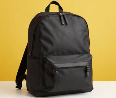 Cinematic detail shot of a vintage North American / US backpack on a wooden bench, soft morning light, muted blue and terracotta palette.