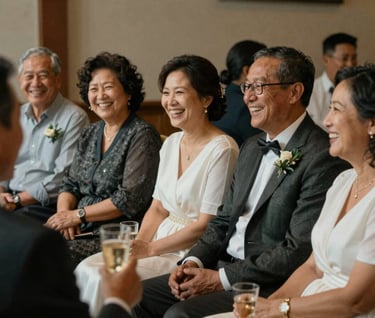 A candid moment of a multi-generational North American / US family laughing together during a wedding toast. The atmosphere is warm and cinematic, featuring charcoal and soft white clothing tones.