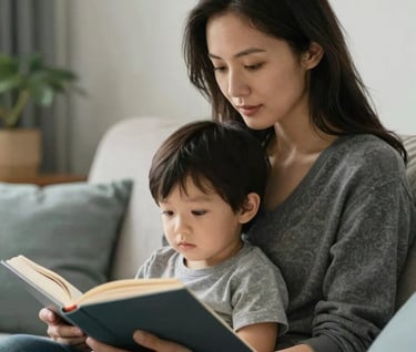 A quiet, candid moment of a mother and child reading a book in a soft white North American / US home interior. The lighting is natural and airy, with charcoal and light blue accents in the decor.