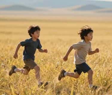 A cinematic shot of two children running through tall yellow grass in a North American / US field. Authentic motion blur, sun-drenched atmosphere, with soft blue tones in the distant landscape.
