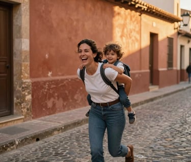 A candid, medium shot of a mother laughing as she carries her young child on her back, running along a rustic cobblestone street in Spain / Southern Europe. Warm, golden hour light, with old terracotta-toned walls in the background reflecting natural warmth.