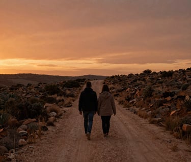 A scenic wide shot of a couple walking along a dusty path in Spain during sunset. The landscape is bathed in a warm sand and deep terracotta glow, evoking nostalgia and a deep connection to nature. Cinematic, atmospheric photography.