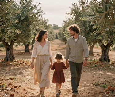A beautiful natural light lifestyle portrait of a young family walking through an olive grove in Spain. Deep warm colors, sand and terracotta accents, soft sun flare coming from the side, nostalgic and cozy atmosphere, captured on professional 35mm film.