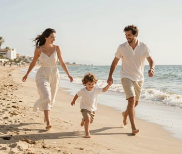 Lifestyle photography of a family with a young child running along a Mediterranean beach. Sun-drenched atmosphere, warm cream and sand colors, authentic expressions of joy, Spain / Southern Europe.