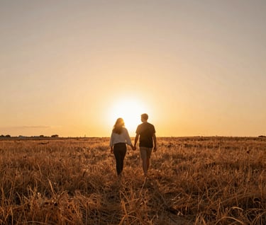 A wide lifestyle photograph of a couple walking hand-in-hand through a dry, golden field of grass under a vast warm sky in Spain / Southern Europe. The sun is low on the horizon, creating a stunning warm backlight and long dramatic shadows. Deeply natural, cinematic storytelling, featuring warm terracotta and sand colors, nostalgic and authentic atmosphere.