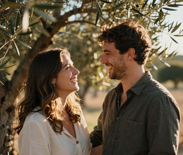 An authentic portrait of a couple sharing a warm, candid laugh under a leafy olive tree in Spain / Southern Europe. The golden sunlight filters through the leaves, creating dappled warm light patterns. Natural lifestyle photography capturing real connection.