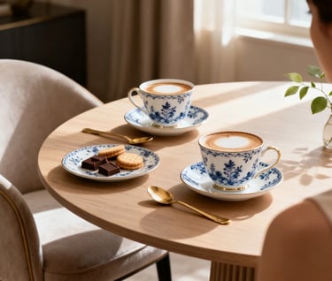 Elegant coffee setting with porcelain cups, artisanal biscuits, chocolates, and refined interior.