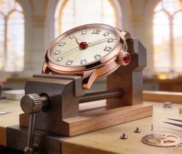 Luxury rose gold timepiece in the making inside a European haute horlogerie atelier.
