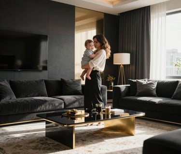 A lifestyle photograph of a mother holding her baby in a sun-drenched, modern Turkish / Istanbul living room. The interior design is minimalist with deep black furniture and metallic gold accents. The atmosphere is warm, loving, and luxurious.