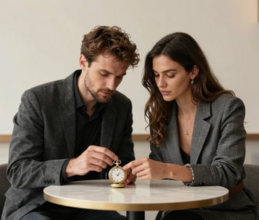 A stylish couple sitting in a minimalist cafe in Istanbul, looking at a golden pocket watch. High contrast lighting with off-white and charcoal tones.