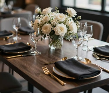 A sophisticated lifestyle shot of a wedding table setting in a modern Turkish / Istanbul venue. Features deep charcoal black napkins, metallic gold cutlery, and soft off-white floral centerpieces. Luxurious and sharp focus.