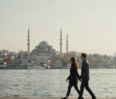 A modern couple walking along the Bosphorus in Istanbul during a 'Save the Date' session. The scene is bright with soft off-white and neutral medium gray tones. Minimalist and cinematic composition.