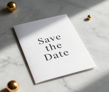 A minimalist composition of a Save the Date invitation card resting on a white marble surface in an Istanbul studio, surrounded by small golden decorative elements and soft grey shadows.
