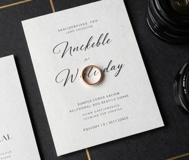 Top-down professional studio photography of an elegant wedding invitation and rings on a charcoal black surface with thin luxury gold lines. Minimalist and modern aesthetic.