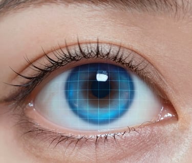 Close up of an eye with a digital grid overlay, representing the precision of AI photography, minimalist and futuristic style using #3D5A80 and #E0FBFC.