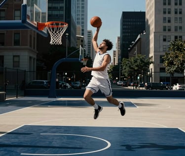 A dynamic wide shot of a basketball player performing a dunk in an urban outdoor court, Western / International city background, cinematic lighting capturing the movement, dark midnight blue shadows and off-white highlights.