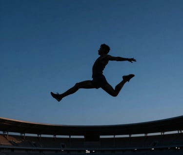 Silhouetted athlete jumping against a deep dark blue evening sky over a Western stadium, minimalist and powerful composition, high energy mood.