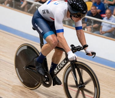 Professional photography of a cyclist in a high-speed turn, leaning low on a track, sleek carbon fiber bike details, sharp focus, dynamic motion blur on the arena crowd, Western / International setting.