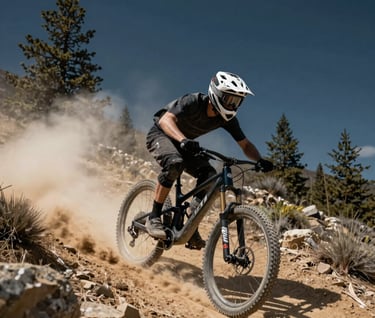 A mountain biker carving through a dusty trail, dynamic composition with a sense of extreme speed, Western / International forest setting, off-white dust clouds against a dark midnight blue sky.