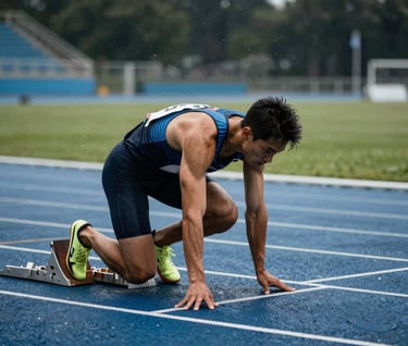 A sprinter at the starting blocks on a rainy track, high-speed photography capturing individual water droplets, dramatic lighting, steel blue atmosphere with charcoal black textures, Western / International stadium setting.