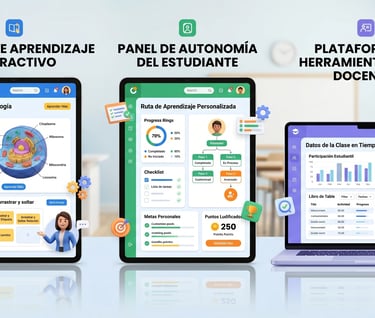 muestra tres imágen de tablet y computadora con módulos, paneles y plataformas de ejemplo
