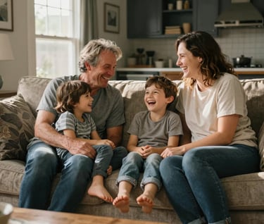 An authentic, candid photograph of a family of three laughing together on a Soft Sand colored sofa. The setting is a cozy North American / US suburban home with Charcoal accents in the decor. Sun-drenched lighting fills the frame, giving the image a cinematic and heart-warming feel.