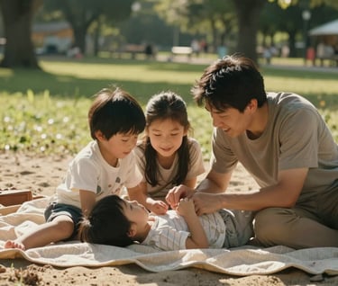 A warm, inviting photograph of a family of three playing together on a soft sand colored blanket in a North American park. The composition is intimate and cinematic, focusing on the authentic joy and sun-drenched environment.