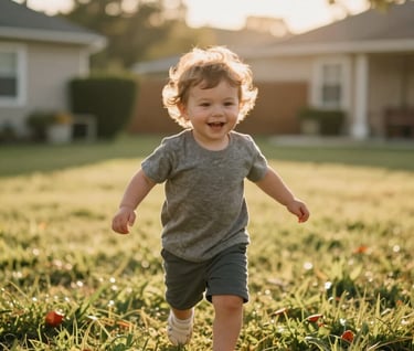 A joyful, candid shot of a toddler running through a sun-drenched backyard in a North American / US neighborhood. The lighting is golden hour, warm and cinematic. The background is softly blurred to focus on the child's authentic expression of happiness.