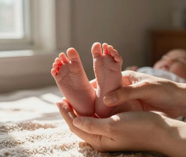 A detailed close-up shot of a newborn's tiny feet resting against a mother's hands. The scene is bathed in natural, sun-drenched light from a nearby window in a North American / US home. The color palette features Soft Sand and muted Terracotta tones in the surrounding fabrics, creating a warm and inviting atmosphere.