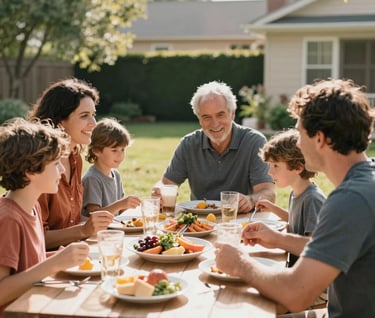 A lifestyle photograph of a family sharing a meal outdoors in a North American US backyard. Sun-drenched environment, candid smiles, soft cinematic focus. Colors of terracotta and charcoal in the decor.