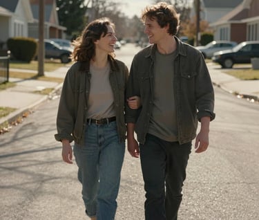 A candid, medium shot of a couple walking down a quiet residential street in North America, sharing a joke and looking at each other. The style is cinematic and intimate, with natural sunlight creating deep shadows and bright highlights in shades of soft sand and charcoal.