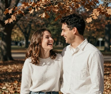 A candid, emotional portrait of a couple in a North American park during autumn. Natural sunlight filtering through bronze-colored leaves, cinematic film grain, focus on genuine laughter and connection. Soft white and tan tones dominate.