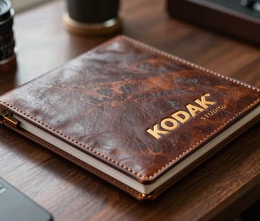 A detailed close-up shot of a handcrafted leather photo album from KODAK STUDIO resting on a polished dark wood table in a North American luxury office. Soft side-lighting highlights the bronze and gold embossed logo on the cover.