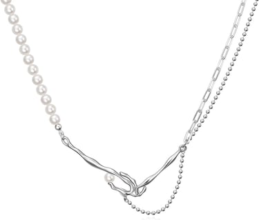 Paper Clip Pearl Necklace Vintage Dainty Layered Link Chain Baroque Cultured Pearls Sterling Silver