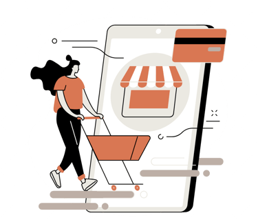 a woman walking down a street with a shopping carton