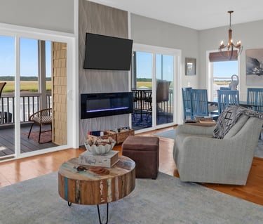 Spacious modern living room with marina views