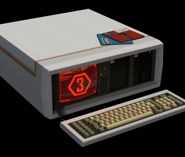 3D rendering of an old portable computer monitor and keyboard positioned on a desk.