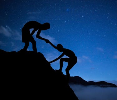 two people holding hands on a mountain top