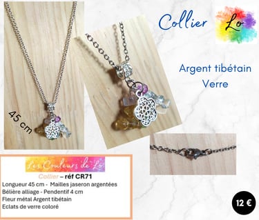 Collier argenté pendentif verre coloré fleur Argent tibétain Les Couleurs de Lo