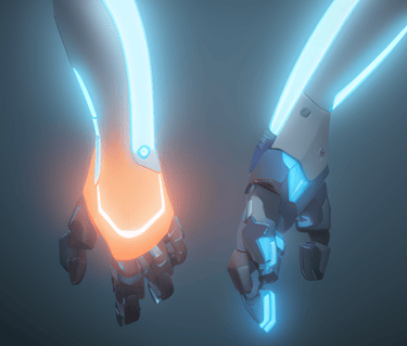 Pair of glowing futuristic prosthetic hands, one in orange, one in blue.