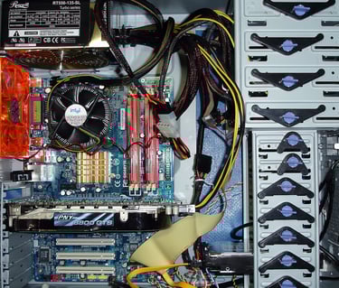 a computer case with a computer, highlighting repairs and tech support
