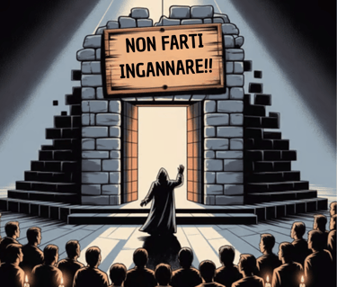 Un uomo in una veste nera è in piedi davanti a un palco con un cartello: "non farti ingannare"