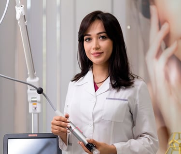 a woman in a lab coat holding a tablet computer