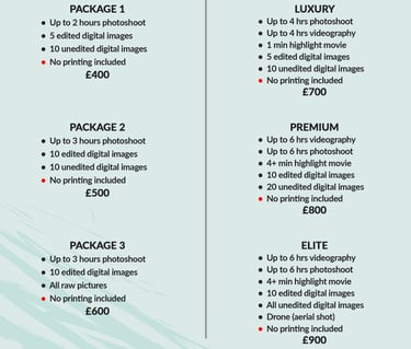 Fred Art Studio pricing charts for event and family photography and videography packages.