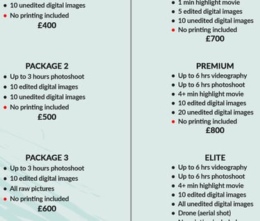 Fred Art Studio pricing charts for event and family photography and videography packages.